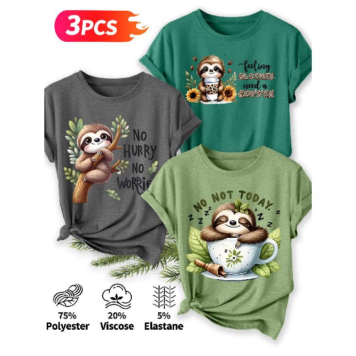 2026 3 Pack Sloth Print Round Neck Women Short Sleeve T Shirts Elegant Casual Holiday Spring Summer Tops