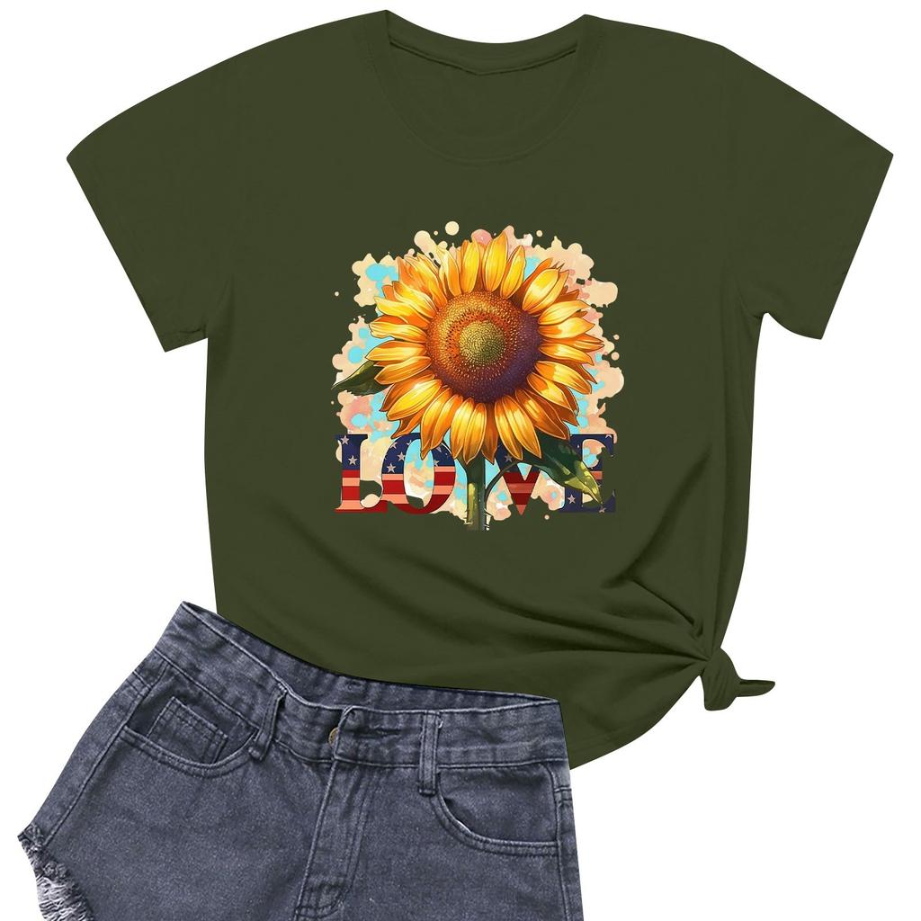 Women's Fashion Independence Day Printed Round Neck Short Sleeved Casual T-shirt Top