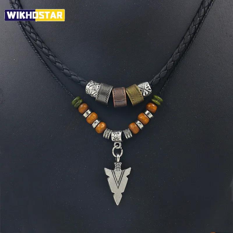 Многоуровневая веревка из искусственной кожи, ожерелье из бисера, мужское винтажное многослойное ожерелье с подвеской в ​​виде стрелы в этническом стиле, ювелирное изделие, воротник Hombre