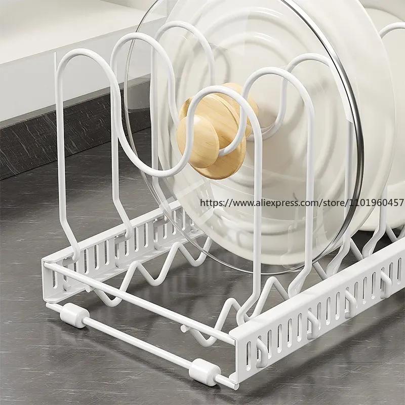 Cookware Storage Rack Pan Pot Storage Organizer Kitchen Accessories Adjustable Dish Bowl Drying Shelf Multi-Functional