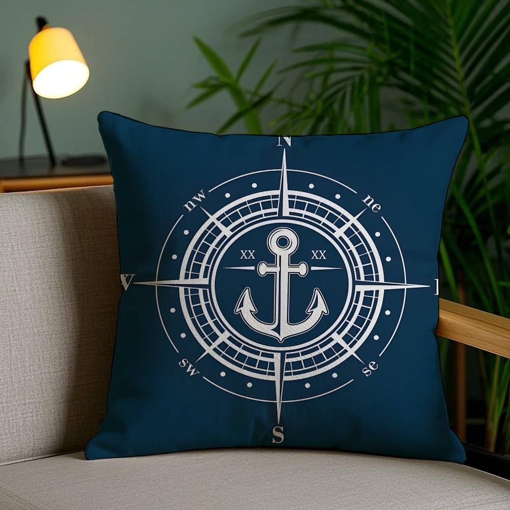 Ocean Blue Compass with Anchor Pillow Case Anti-dustmite Pillowcase Invisible zipper silky short plush Sofa cushion cover