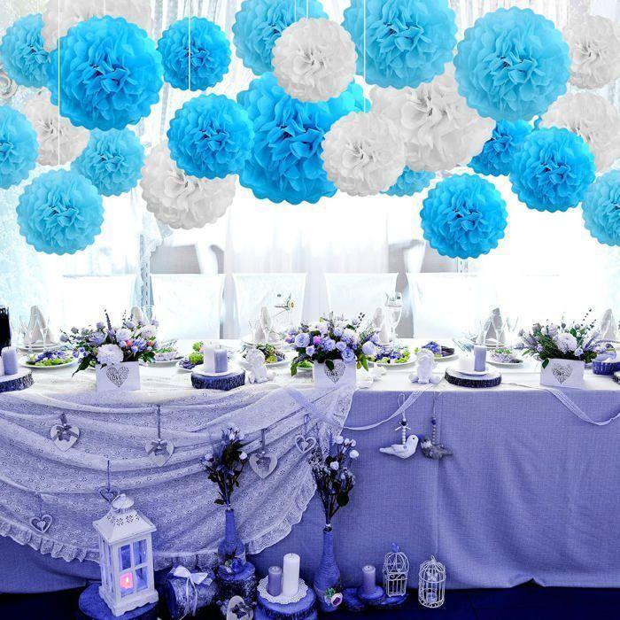 Tissue Paper Pom Poms - Flintronic - Pack of 9 - Wedding Decoration - Reusable - Blue Color