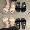 Summer New Rhinestone Fluffy One-word Drag Women Wear Fashionable and Versatile Casual Flat-bottomed Cool Slippers