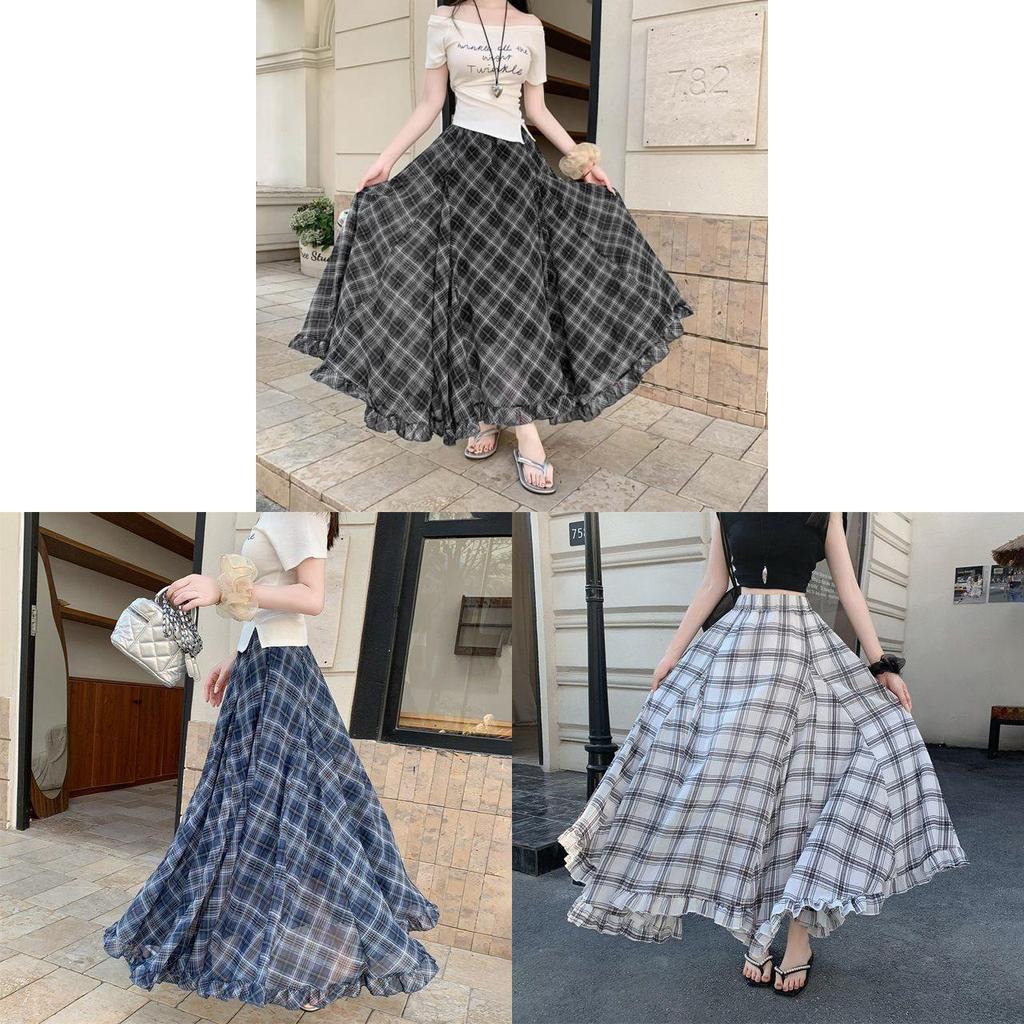 Long Vintage Check Plaid Chiffon Skirt With Asymmetric Hem For Summer Casual Women