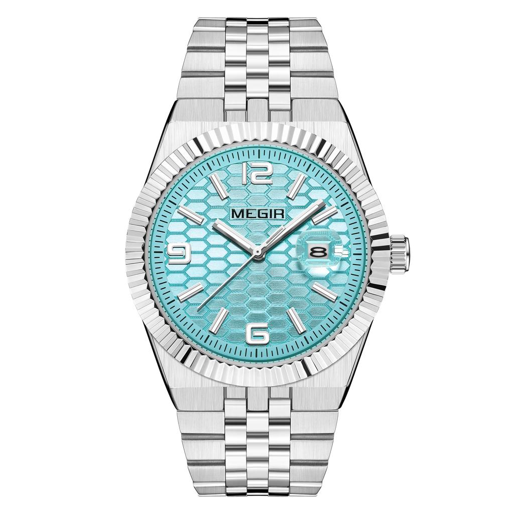 Megir Часы мужские наручные с большим циферблатом, деловые, для отдыха, из нержавеющей стали, водонепроницаемые, люминесцентные, с автодатой, подарок для мужчин, Reloj Hombre 1101