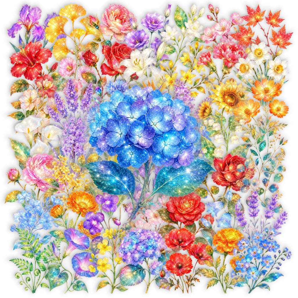 50Pcs/Set Dazzling Flowers PET Stickers Waterproof DIY Fashion Decals Journal Stickers