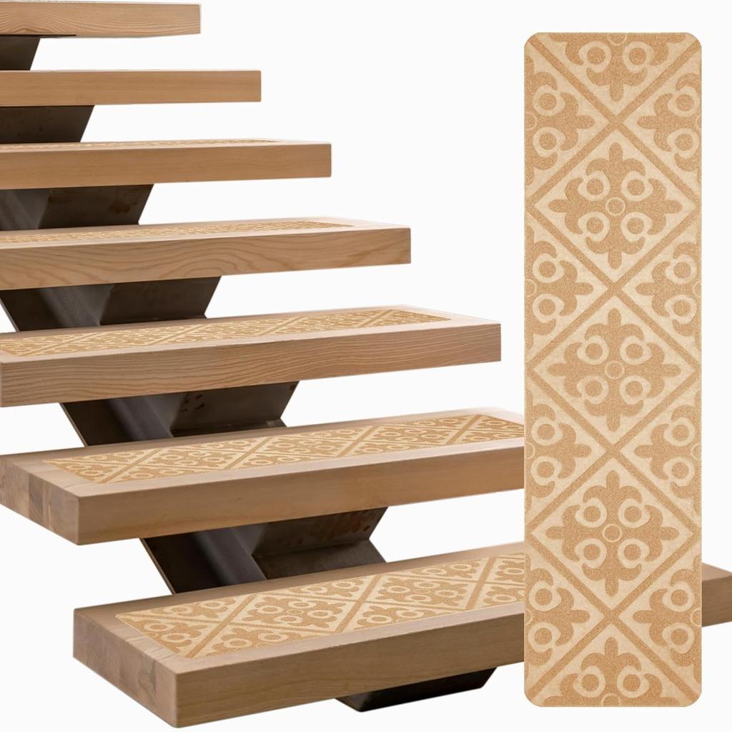 8''x30'' Vintage Luxury Floral Self-Sticking Stair Treads Mat Polyester Non-Slip TPR Backing Home Stain Resistant Anti-Slip