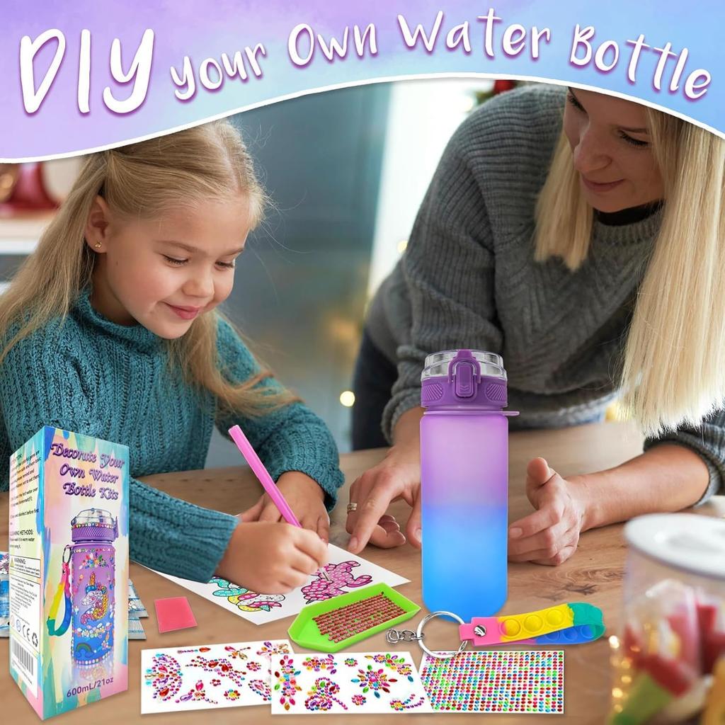 Creative DIY Gemstone Kids Water Bottle 600ml Rainbow Unicorn for School & Outdoor, Holiday Gift for Boys Girls Age 4-6-8-10, Multicolor