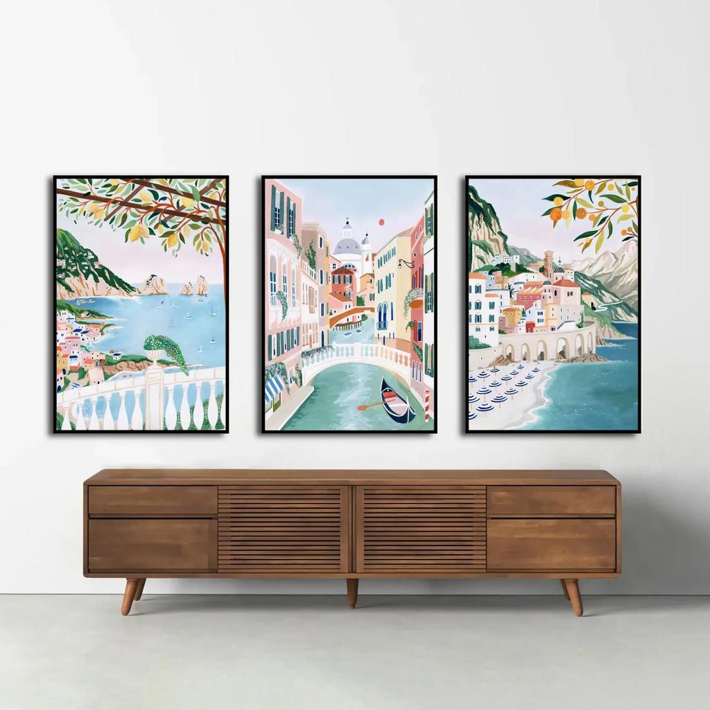 Italian Coastal Town Canvas Prints, Amalfi & Venice Watercolor Wall Art, Mediterranean Lemon Travel Posters for Home Decor Gifts
