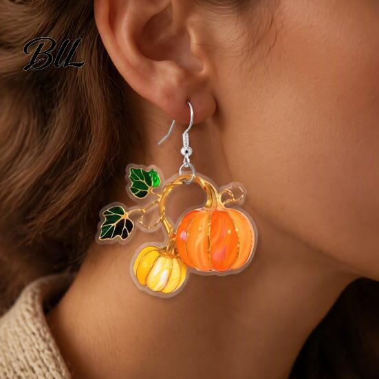 Charming Holiday Party Jewelry 1 Pair Pumpkin Acrylic Drop Earrings, 2D Fall Harvest Dangle Earrings Cute Drops for Women, Halloween Thanksgiving with