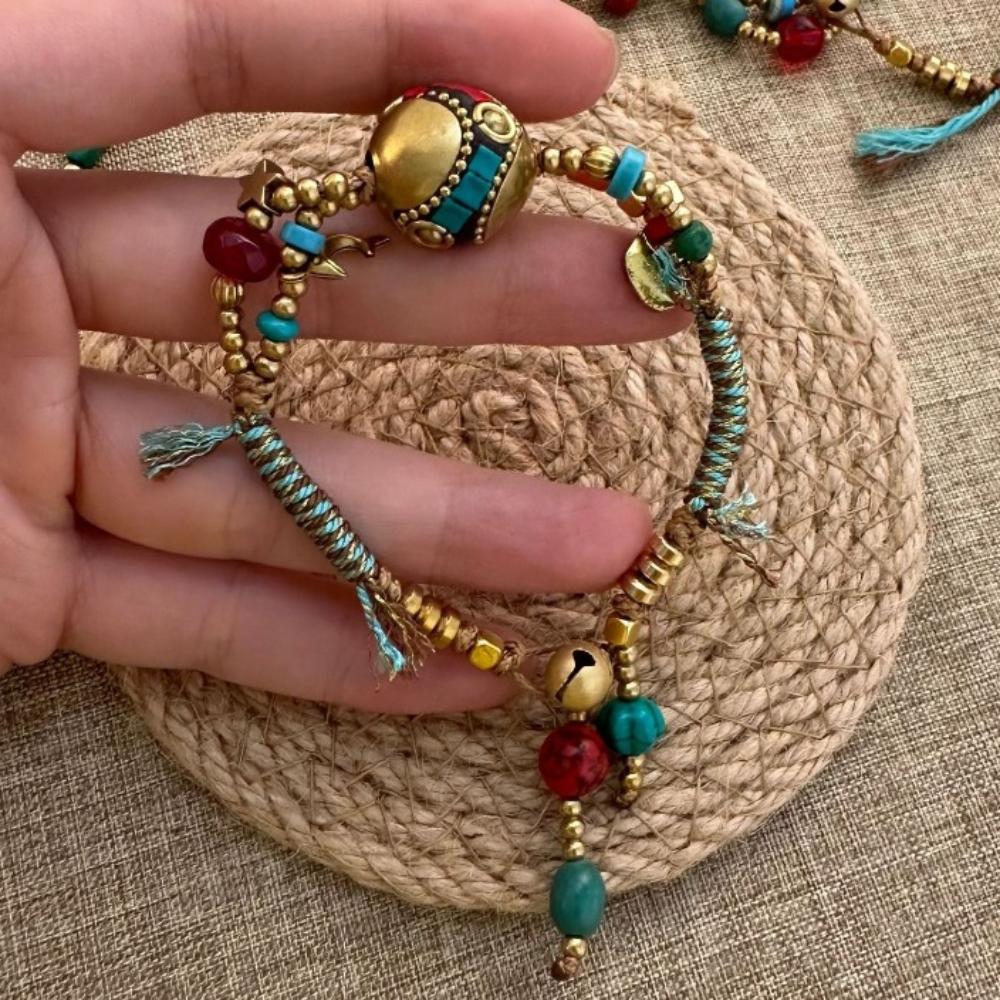 Регулируемый плетеный браслет из вощеного шнура с медными бусинами, плетеный браслет в древнем стиле, этнический браслет для девочек