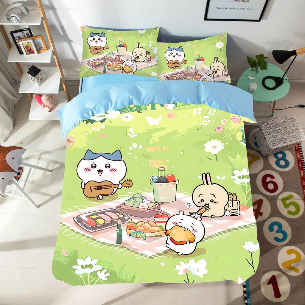 Мультяшный комплект постельного белья с милыми Чиикавами, красочный принт, полиэстер, для студенческого общежития, простыня, пододеяльник, детский подарок, домашний текстиль
