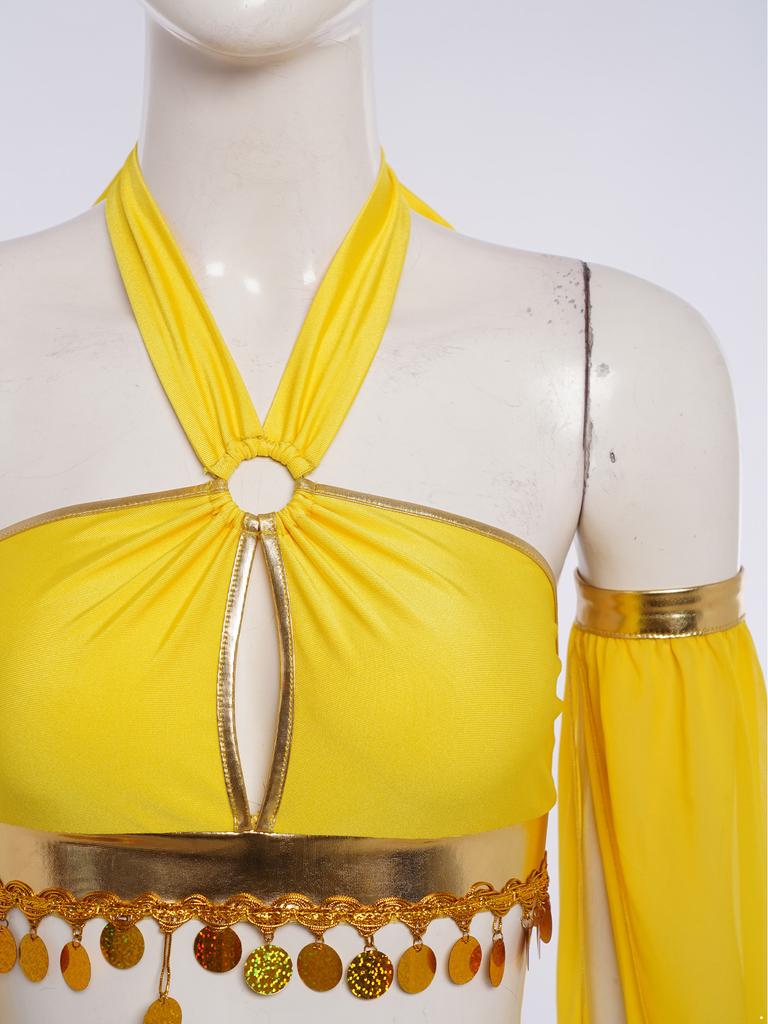 Women's Belly Dance Costume Set: Self-Tie Halter Crop Top with Built-In Briefs & Side Slit Chiffon Skirt + Removable Split Sleeves