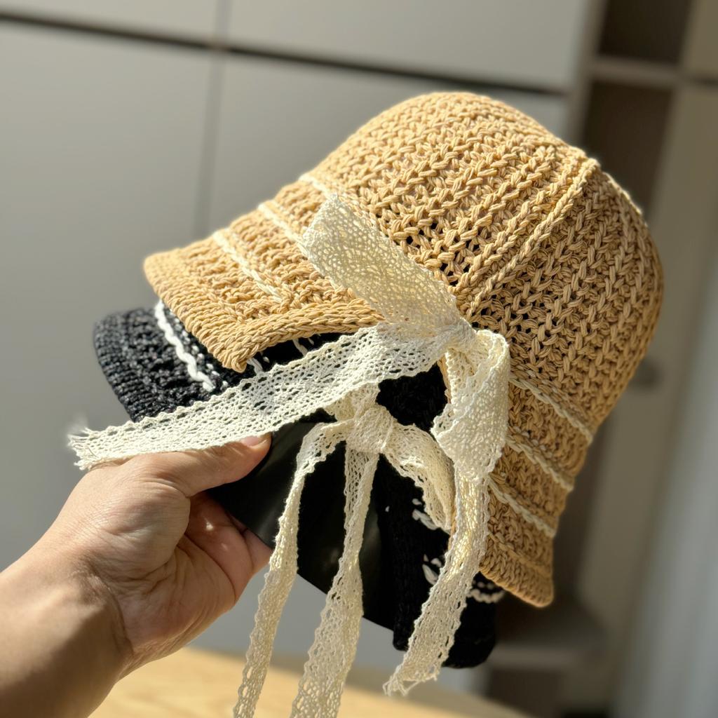 Korean-style thin woven stylish fisherman hat for women, spring and summer, face-slimming, casual and versatile, hollow-out knitted bucket hat