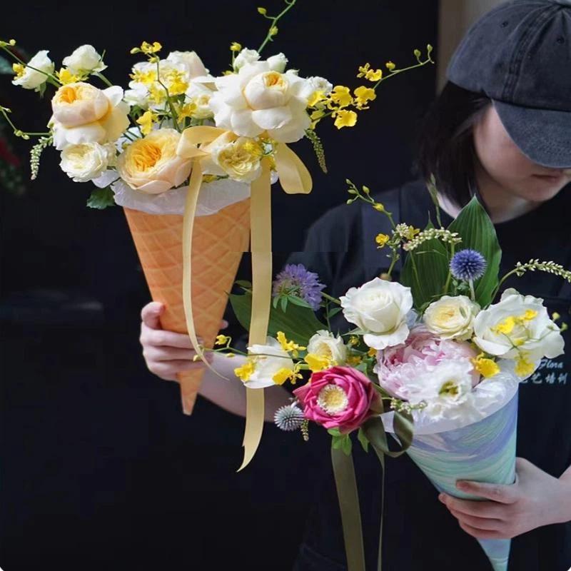 Rose Packaging Box Ice Cream Style 10PCS Bouquet Wrapping Bag for Valentine's Day Gift Romantic