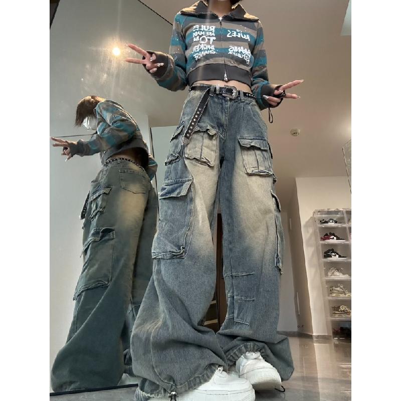 Multi Pocket Design High Street American Workwear Jeans Women's Wide Leg Loose Pants