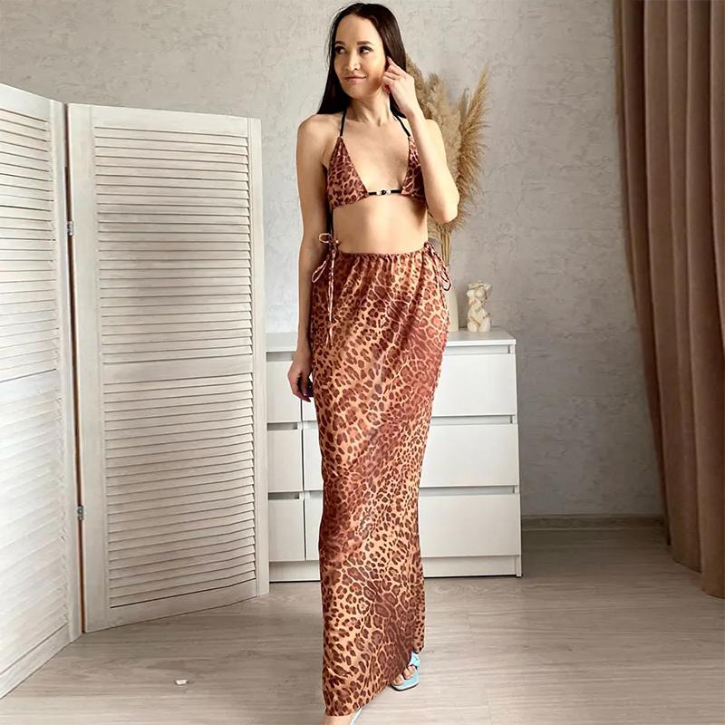 EDOLYNSA сексуальный леопардовый принт комплект бикини из 3 предметов 2023 летняя пляжная одежда треугольный купальник бикини с пляжной юбкой купальник A1554
