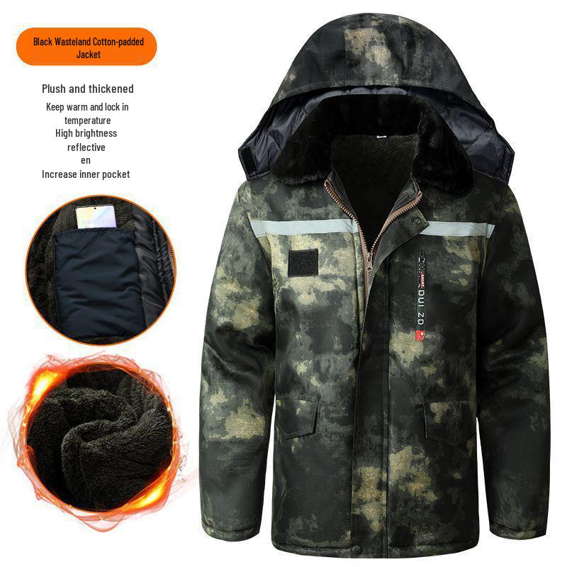 Windproof Camouflage Fleece-Lined Military Overcoat: Cold-Resistant, Waterproof, Mid-Length, Cotton-Padded Jacket for Cold Storage Labor Protection