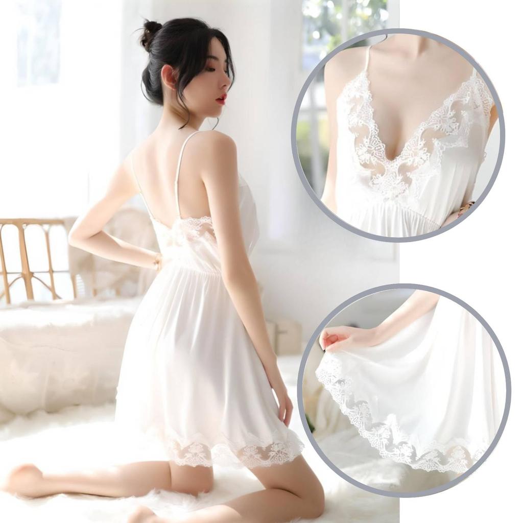 Embroidered Lace Satin Babydoll Simple Shorts Set Loose Fit Sheer Camisole Lingerie Cute [AQURAD] S-XL Women's (White)