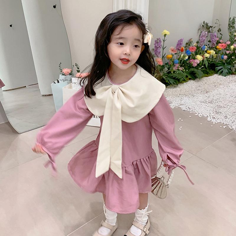 Платье принцессы с воротником куклы для девочек, рукава-фонарики, украшение с цветным бантом