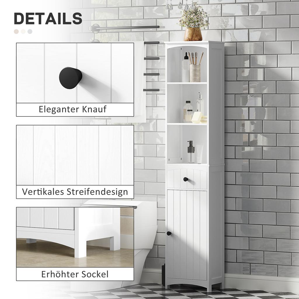 Bathroom cabinet with 3 shelves, 1 drawer, sturdy, MDF, white