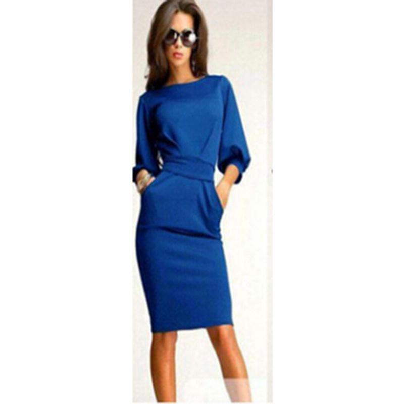 Elegant Women Fashion Sexy Fifth Sleeve Round Neck Pocket Bodycon Cocktail Dress