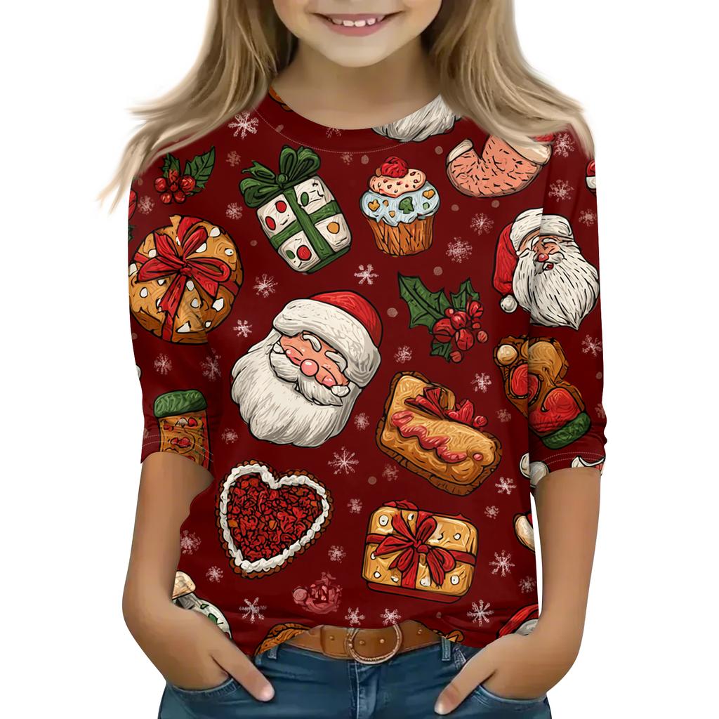 Children's 3/4 Sleeve Round Neck Top Christmas Tree Printed Everyday Casual Top