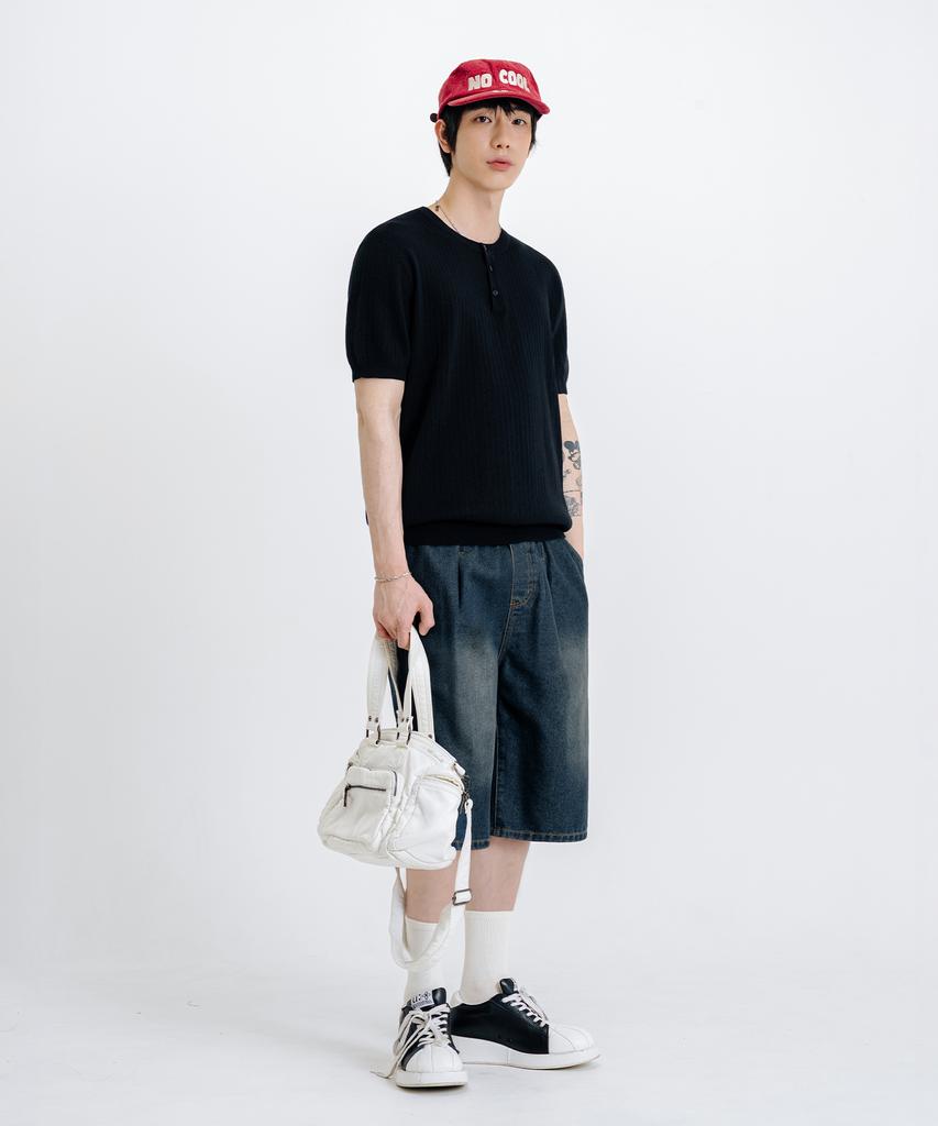 LEMAIN SECOND Classic Henley Neck Washable Short Sleeve Knit [Black]