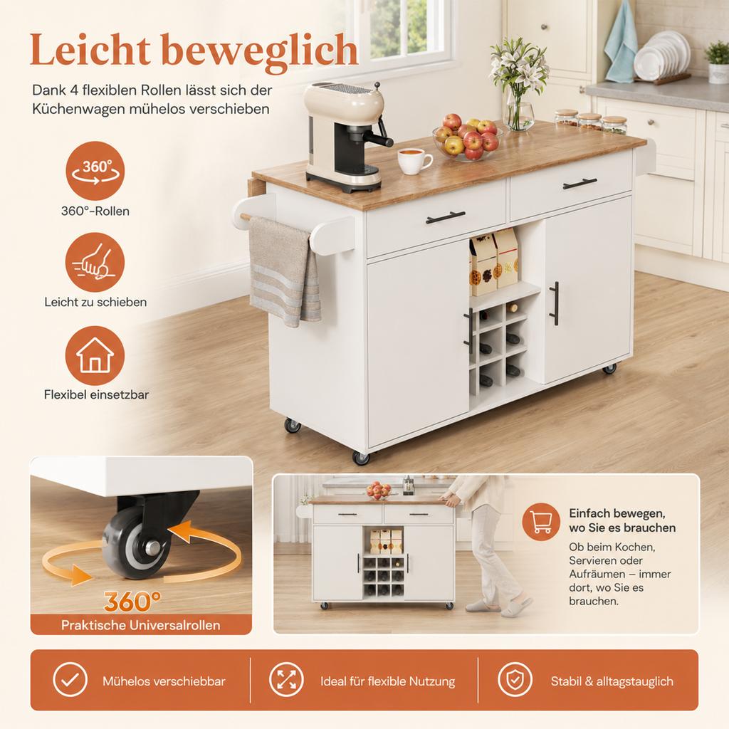 Kitchen Island with Folding Worktop, Rolling Cart, 2 Drawers, Wine & Spice Rack, Towel Holder, Space-Saving Design for Kitchen & Dining Room