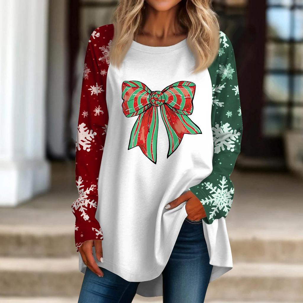 Women's Casual  Plus Size Long Sleeved Round Neck Christmas Printed T-shirt Top Pullover