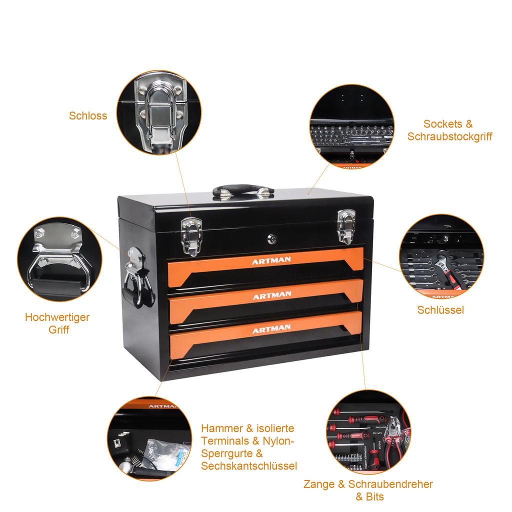 508 mm (20 Inch) Steel Tool Box, 3 Drawers, Metal Locks, Carrying Handle, Black-Orange