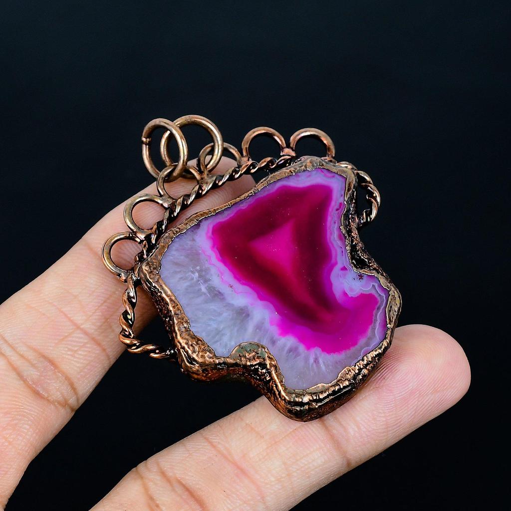 Pink Solar Druzy Pendant Gemstone Jewelry, Copper Electroformed Pendant, Gift For Women Handmade Pendant