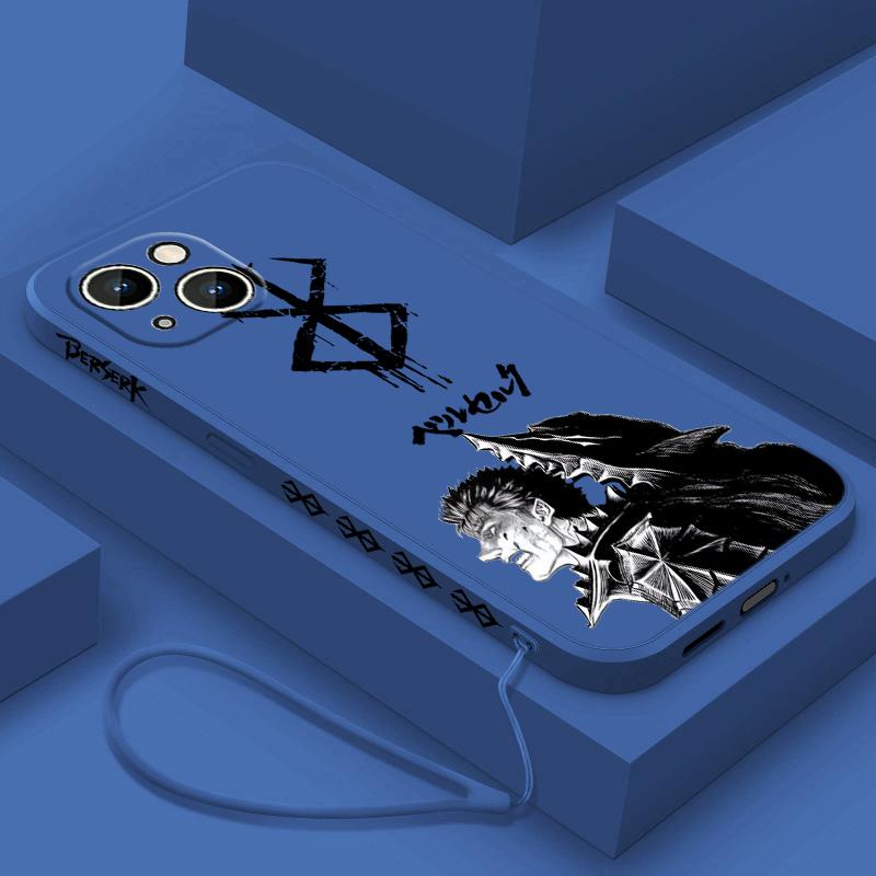 Berserk Anime Cute For Apple iPhone 15 14 13 12 11 XS XR X 8 7 Pro Max Plus Mini Liquid Left Rope Phone Case