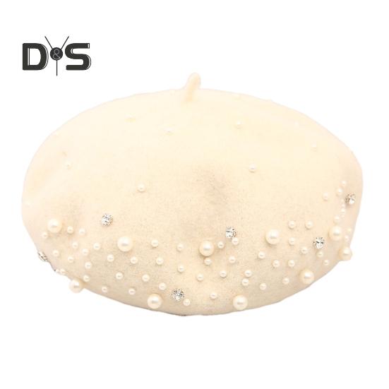 Женский берет с искусственным жемчугом и стразами, винтажная шерстяная шляпа в английском стиле без полей, однотонная, с регулируемыми лямками, кепка-тыква