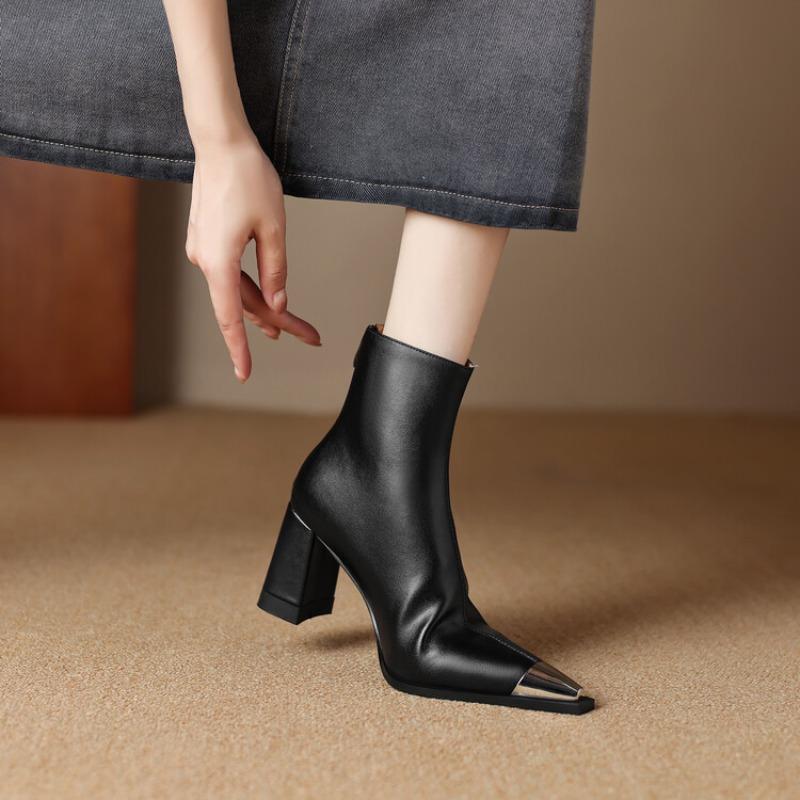 Fashion New Autumn Winter Genuine Leather Women Shoes Fashion Metal Square Toe Boots for Women Chunky Heels High Heels Boots Ankle Boots