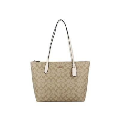 Сумка-тоут COACH Zip Top 30 Monogram Canvas с кожаной сумкой-тоут Сумка-тоут Сумка-тоут Сумка-тоут Сумка-тоут Большая женская белая с коричневой монограммой