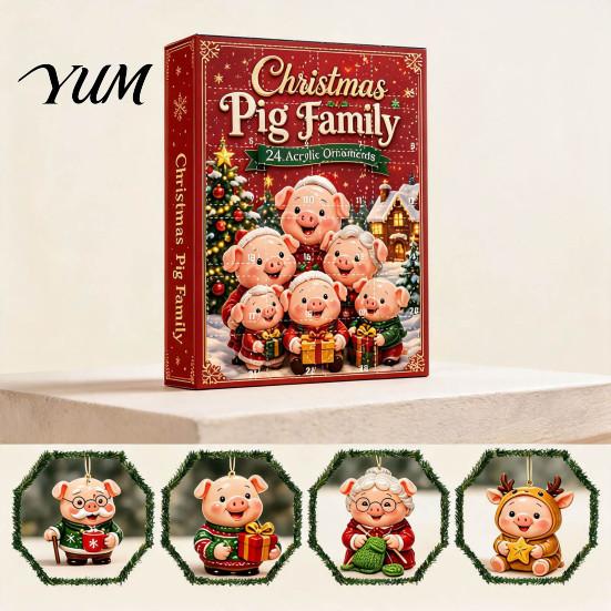 Holiday Countdown Gift Box Piggy Family Advent Calendar, 2D Flat Acrylic 24 Days Hanging Christmas Ornaments Ornaments, Decorative for Party Supplies