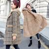 Autumn Winter Wool Coat Women Plaid Sheep Shear Leather Fur Mid Long Coats Plus Velvet Thick Hooded Warm Wool Lady Coat