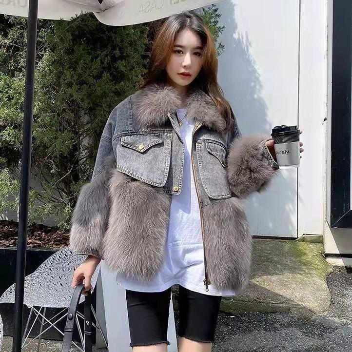 Плотная повседневная джинсовая парка с искусственным мехом лисы для женщин