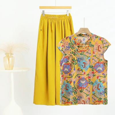 Женский летний хлопково-шелковый комплект в национальном стиле с коротким рукавом и длинными брюками, комплект-пластина, свободный, новый китайский западный стиль, большой размер, искусственный хлопок, комплект из двух предметов