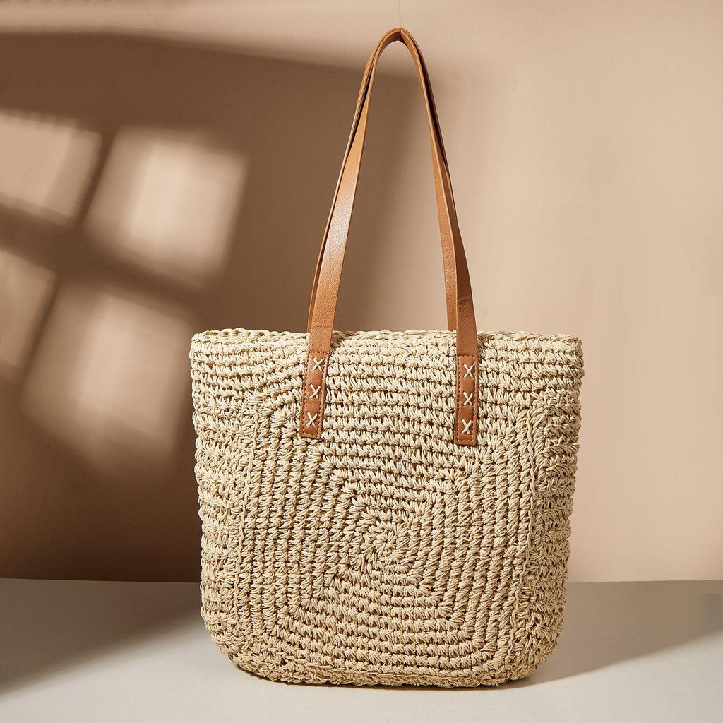 Vintage Straw Woven Shoulder Shopping Bag Casual Women Summer Large Capacity Beach Totes