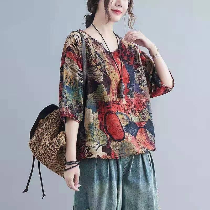 Футболка с короткими рукавами Otton Inen, летняя женская футболка в стиле вестерн, свободный крой, весенний наряд для людей среднего возраста в этническом стиле