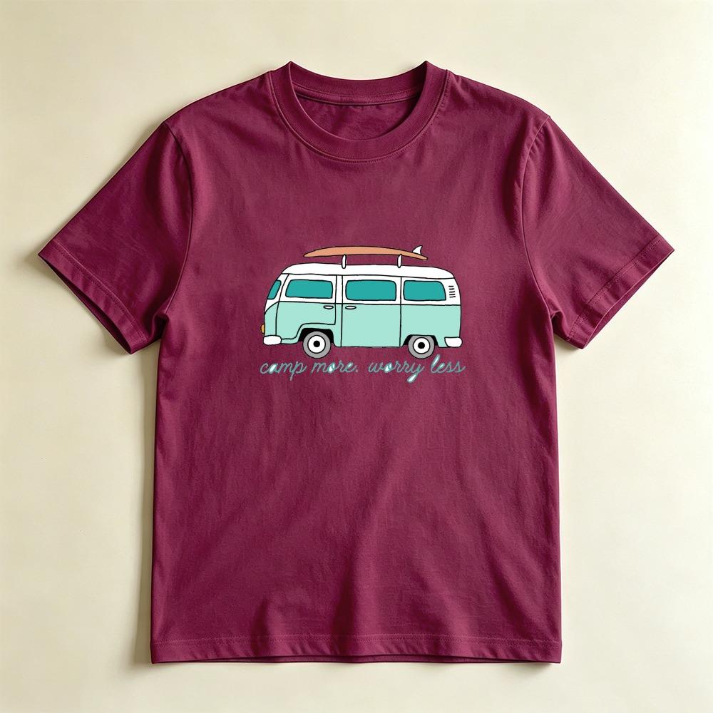 Camp More Worry Less Retro Surf Van Casual Graphic TShirt Beach Camping Lover Gift Tshirt Summer Vibe Adventure Casual Shirt