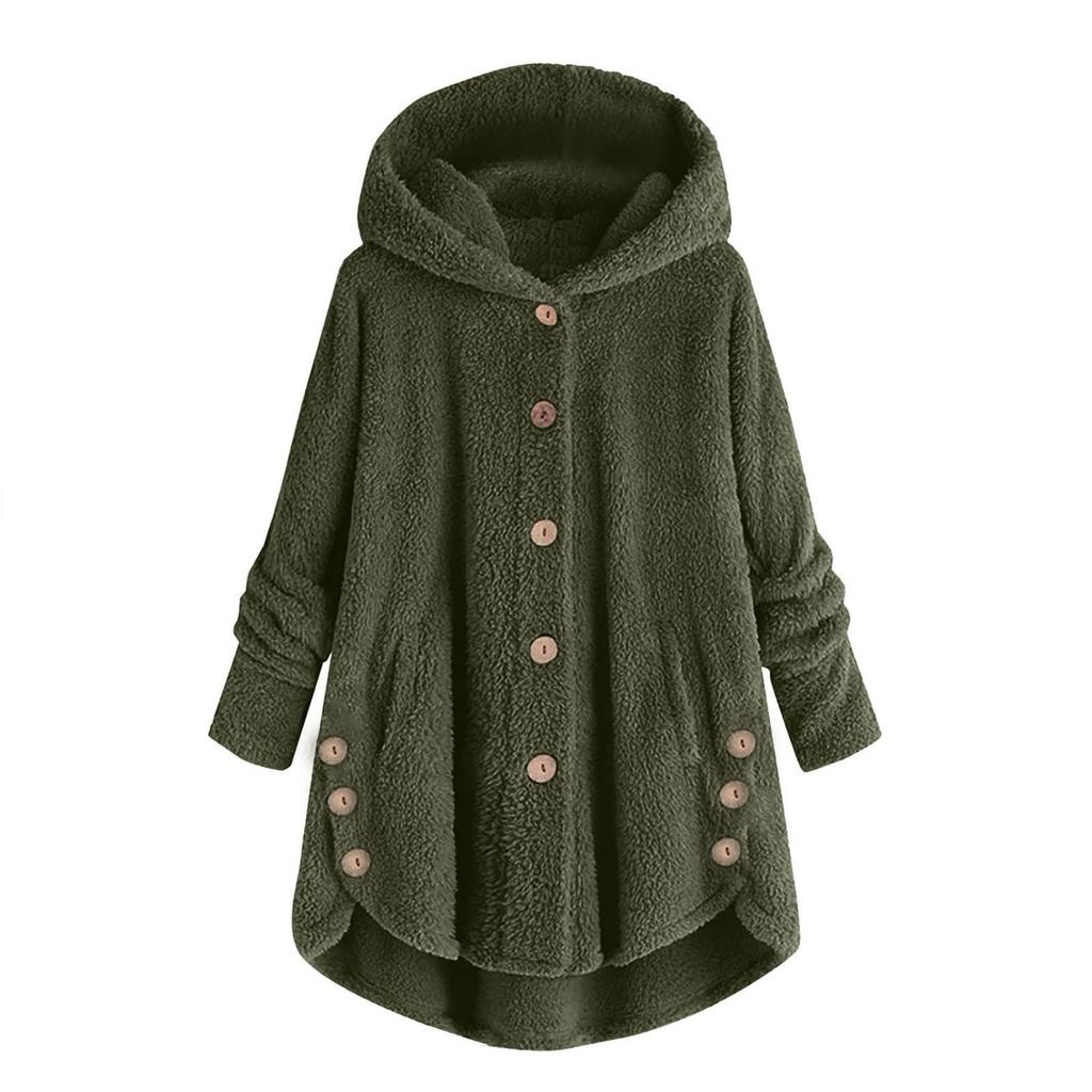 Women's Fashion Solid Color Pocket Button Hooded Loose Casual Plush Jacket