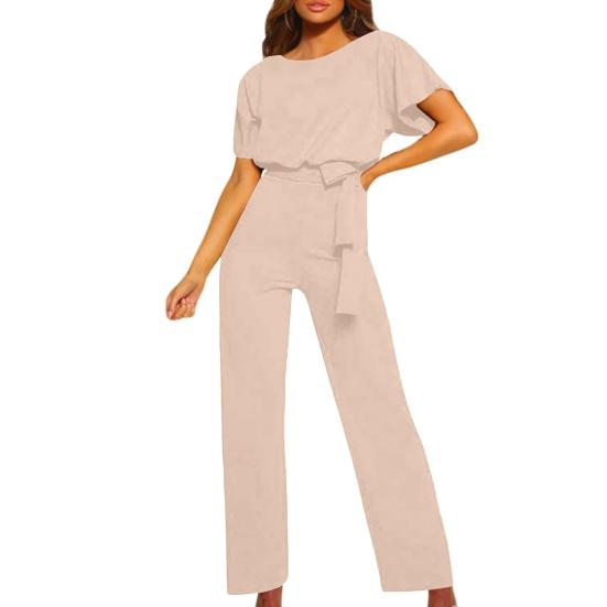 Women's Short Sleeve Jumpsuit Tie Waist Belted Straight Wide Leg Pant Romper Casual Crew Neck One-piece Overall