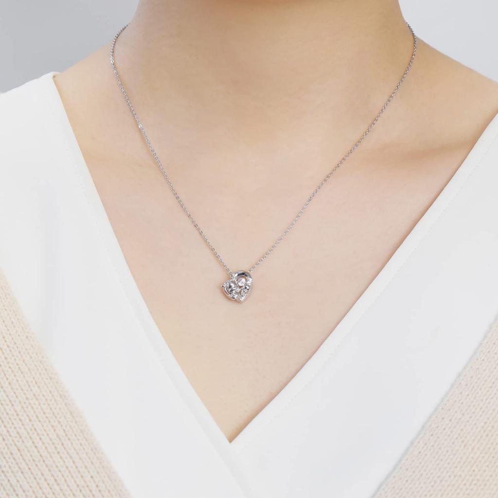 White Clover Pochacco Sanrio Characters Dancing Stone Necklace Pendant, Open Heart, Silver, 925 Sterling Silver, Cubic Zirconia, SAPOC-N005RD