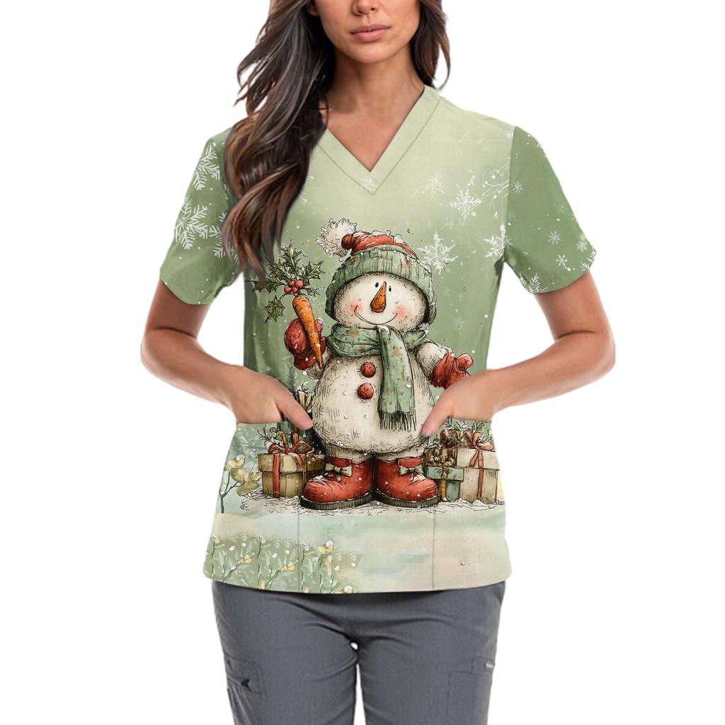 Женская милая блузка с принтом бантиков, рабочая одежда, V-образный вырез, двойной слой, карманы, базовая, с коротким рукавом, пуловер