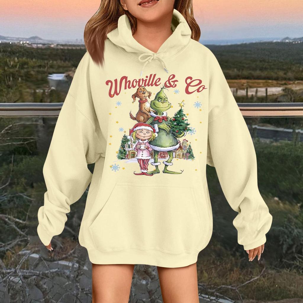 Детская модная повседневная толстовка с капюшоном свободного кроя с длинными рукавами и рождественским принтом