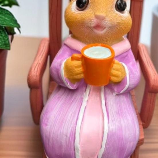 Rocking Chair Rabbit Figurine Holding Cup Cartoon Sitting Bunny Resin Statue Animal Sculpture Indoor