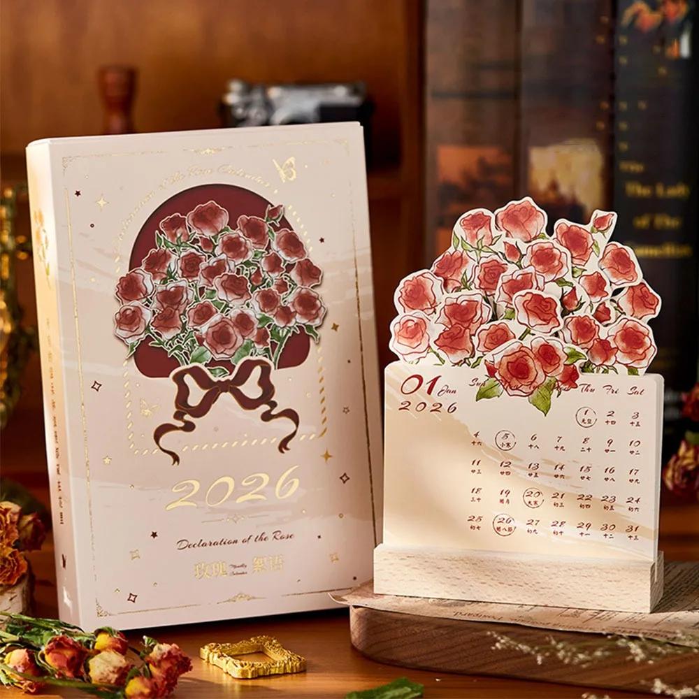 Simple 2026 Desk Calendar Card Insert Rose Painting Mini Calendar With Wooden Base Monthly Planner Desktop Decoration